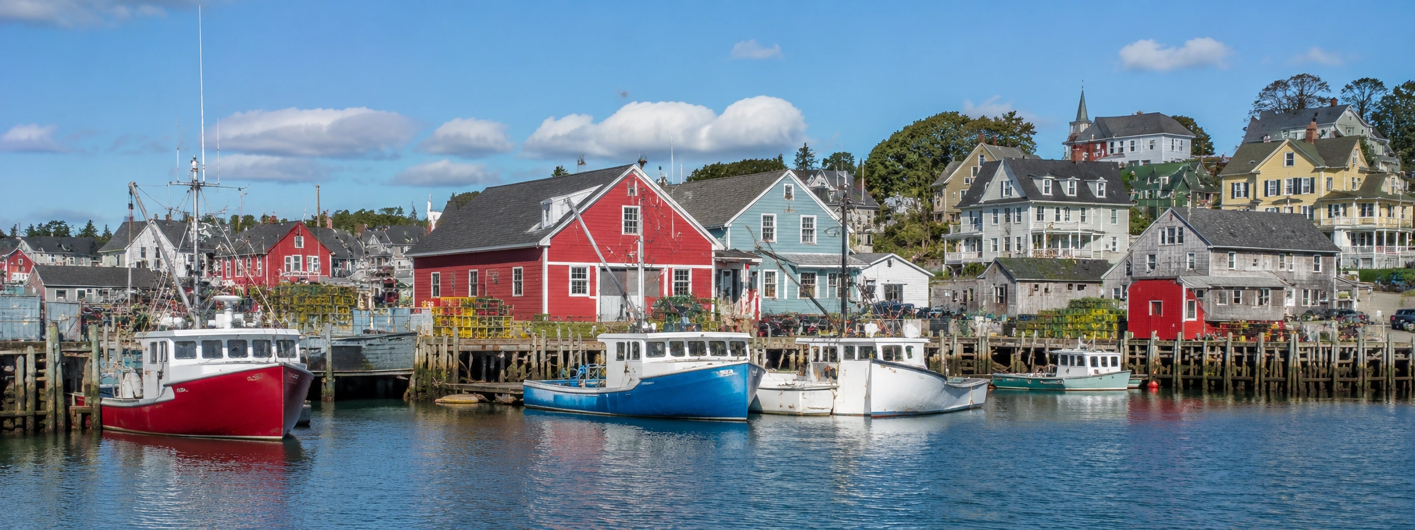 Colourful Nova Scotia fishing village with boats, waterfront homes and bright harbour light.